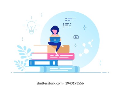 Young caucasian woman with laptop sitting on big book stack. Online education concept, remote studying concept. Flat style vector illustration.