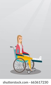 Young caucasian woman with leg in plaster. Injured upset woman sitting in a wheelchair with broken leg. Woman with fractured leg suffering from pain. Vector flat design illustration. Vertical layout.