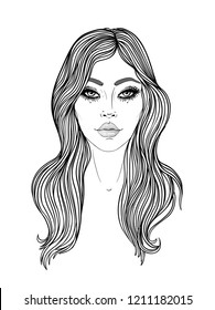 Young Caucasian woman with long hair Fashion vector illustration isolated on white. Face chart. Skincare, professional hairdressing, beauty salon concept. Coloring book for kids and adults.