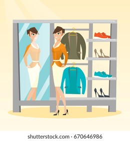 Young caucasian woman looking in the mirror in the dressing room. Woman trying on jacket in the dressing room. Woman choosing clothes in dressing room. Vector flat design illustration. Square layout.