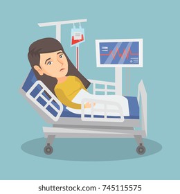 Young caucasian woman lying in bed with a heart rate monitor in the hospital. Patient during blood transfusion procedure. Patient resting in hospital bed. Vector cartoon illustration. Square layout.