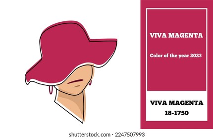 Young caucasian woman in the magenta hat with a wide brim covering her face isolated on white background. Minimalist illustration. Simple design. Trendy color of year 2023 - Viva Magenta 18-1750