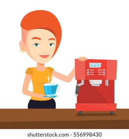 Young caucasian woman making coffee. Woman standing near coffee-machine. Woman holding cup of hot coffee in hand. Vector flat design illustration isolated on white background.