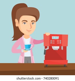 Young caucasian woman making coffee with a coffee-machine. Woman holding a cup of hot coffee in hand. Smiling woman standing beside a coffee machine. Vector cartoon illustration. Square layout.