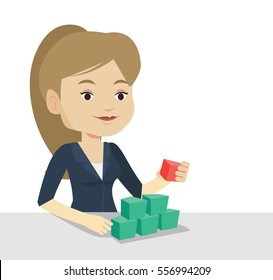 Young caucasian woman making pyramid of network avatars. Smiling woman building her social network. Networking and communication concept. Vector flat design illustration isolated on white background.