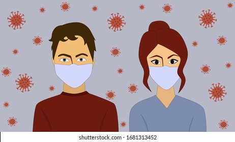 Young Caucasian woman and man, couple portrait with face mask close-up. Male and female people in medical masks to prevent flu, virus. Coronavirus, covid-19 cells in air. Healthcare