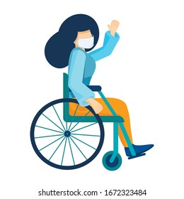 Young caucasian woman in medical mask sitting in a wheelchair. Girl with long hair living with disabilities. Coronovirus virus protection. Disabled character. Vector illustration