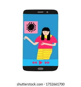 Young Caucasian Woman On Cell Phone Display Talking About Coronavirus News. Social Media Concept. Watching Breaking News. Female Talk Show Host. Flat Style Drawing. Trendy Stock Vector Illustration.