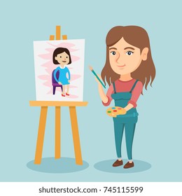 Young caucasian woman painting a female portrait on canvas. Artist painting on an easel with a brush and watercolor paints. Artist working on a picture. Vector cartoon illustration. Square layout.