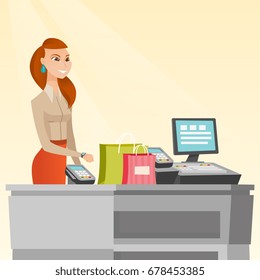 Young caucasian woman paying wireless with her smart watch at the checkout counter. Customer making payment for purchases with a smart watch. Vector cartoon illustration. Square layout.