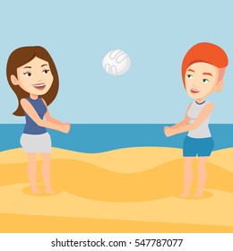 Young caucasian woman playing beach volleyball with her friend. Two caucasian women having fun while playing beach volleyball during summer holiday. Vector flat design illustration. Square layout.