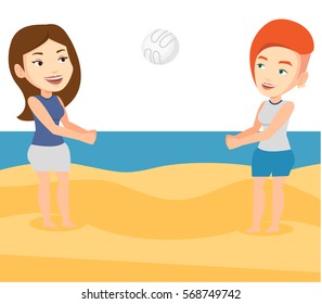 Young caucasian woman playing beach volleyball with her friend. Two women having fun while playing beach volleyball during summer holiday. Vector flat design illustration isolated on white background.