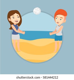 Young caucasian woman playing beach volleyball with her friend. Two caucasian women having fun while playing beach volleyball. Vector flat design illustration in the circle isolated on background.