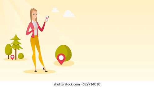 Young caucasian woman playing with her mobile phone outdoor. Cheerful woman playing action game on smartphone. Woman using smartphone for playing games. Vector cartoon illustration. Horizontal layout.