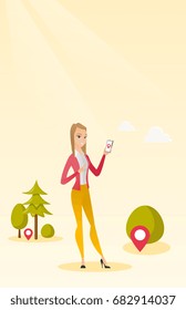 Young caucasian woman playing with her mobile phone outdoor. Cheerful woman playing action game on smartphone. Woman using smartphone for playing games. Vector cartoon illustration. Vertical layout.