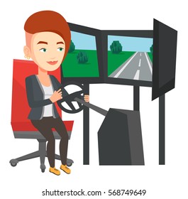 Young caucasian woman playing video game with gaming wheel. Woman driving autosimulator in game room. Woman playing car racing video game. Vector flat design illustration isolated on white background.