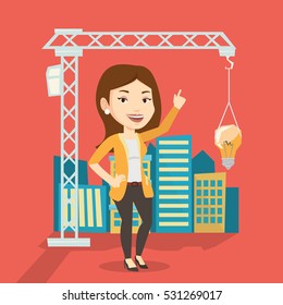 Young caucasian woman pointing at idea light bulb hanging on crane. Architect having idea in town planning. Concept of new ideas in architecture. Vector flat design illustration. Square layout.
