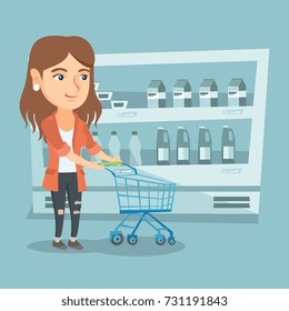 Young caucasian woman pushing an empty supermarket trolley. Woman shopping in the supermarket with a trolley. Woman walking with trolley in the supermarket. Vector cartoon illustration. Square layout.