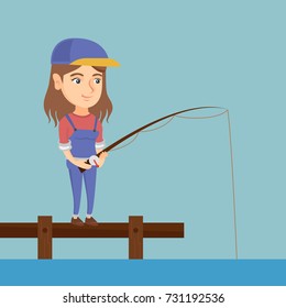 Young caucasian woman relaxing during fishing on jetty. Cheerful fisherwoman fishing on lake. Angler standing on the jetty with a fishing-rod in hands. Vector cartoon illustration. Square layout.