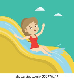 Young caucasian woman riding down a water slide at the aquapark. Happy woman having fun on a water slide in waterpark. Girl going down a water slide. Vector flat design illustration. Square layout.