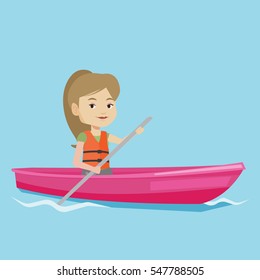 Young caucasian woman riding in a kayak in the river. Woman with skull in hands traveling by kayak. Female kayaker paddling. Woman paddling a canoe. Vector flat design illustration. Square layout.