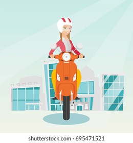 Young caucasian woman riding a scooter on a city background. Cheerful woman in helmet driving a scooter in the city street. Smiling woman driving a scooter. Vector cartoon illustration. Square layout.
