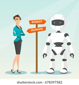 Young caucasian woman and robot standing at road sign with two pathways - human and robot. Concept of choice between artificial intelligence and human. Vector cartoon illustration. Square layout.