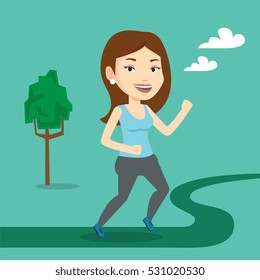 Young caucasian woman running. Happy female sporty runner running outdoors. Smiling sportswoman running in the park. Vector flat design illustration. Square layout.
