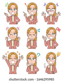 Young Caucasian woman. She is blonde and wearing a suit.She has various expressions.