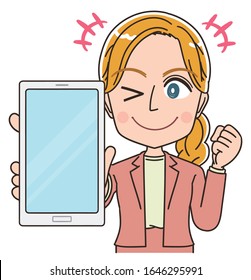 Young Caucasian woman. She is blonde and wearing a suit.She uses a smartphone.