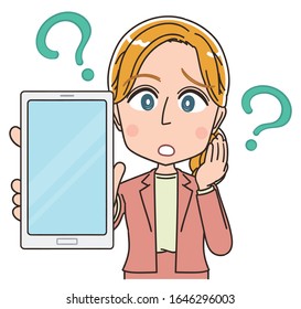 Young Caucasian woman. She is blonde and wearing a suit.She uses a smartphone.