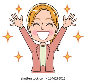 Young Caucasian woman. She is blonde and wearing a suit.She has positive emotions.