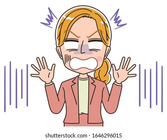 Young Caucasian woman. She is blonde and wearing a suit.She has negative emotions.