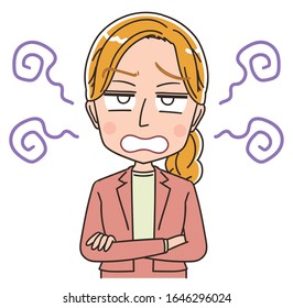 Young Caucasian woman. She is blonde and wearing a suit.She has negative emotions.