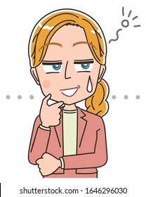 Young Caucasian woman. She is blonde and wearing a suit.She has negative emotions.