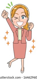 Young Caucasian woman. She is blonde and wearing a suit.She has positive emotions.