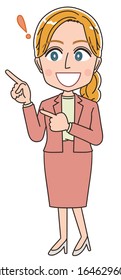 Young Caucasian woman. She is blonde and wearing a suit.