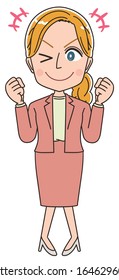 Young Caucasian woman. She is blonde and wearing a suit.She has positive emotions.