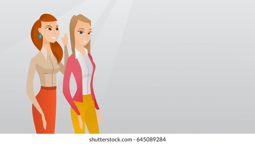 Young caucasian woman shielding her mouth and whispering a gossip to her friend. Two happy women sharing gossips. Smiling friends discussing gossips. Vector flat design illustration. Horizontal layout