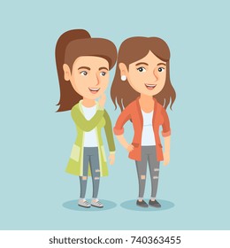 Young caucasian woman shielding her mouth and whispering a gossip to her friend. Two happy women sharing gossips. Smiling friends discussing gossips. Vector cartoon illustration. Square layout.