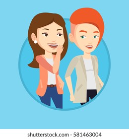 Young caucasian woman shielding mouth and whispering a gossip to friend. Two women sharing gossips. Friends discussing gossips. Vector flat design illustration in the circle isolated on background.