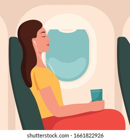 Young caucasian woman shocked by plane flight in the turbulent area. Frightened airplane passenger sitting in airplane seat and suffering from aerophobia. Vector cartoon illustration. Square layout.