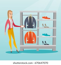 Young caucasian woman shocked by price tag in clothing store. Surprised woman looking at price tag in clothing store. Amazed woman staring at price tag. Vector flat design illustration. Square layout.