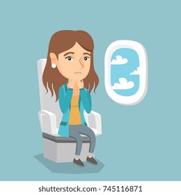 Young caucasian woman shocked by plane flight in the turbulent area. Frightened airplane passenger sitting in airplane seat and suffering from aerophobia. Vector cartoon illustration. Square layout.