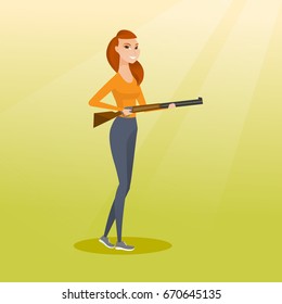 Young caucasian woman shooting skeet with a shotgun. Female hunter ready to hunt with a hunting rifle. Hunter holding a long rifle. Vector flat design illustration. Square layout.