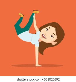 Young caucasian woman showing her skills in break dance. Happy breakdance dancer doing handstand. Young smiling woman dancing. Strong woman breakdancing. Vector flat design illustration. Square layout