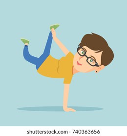 Young caucasian woman showing her skills in break dance. Happy breakdance dancer doing handstand. Young smiling woman dancing. Cheerful woman breakdancing. Vector cartoon illustration. Square layout.