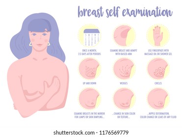 Young caucasian woman shows how to do breast cancer self exam. Monthly breast check instruction. Vector illustration.