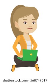 Young caucasian woman sitting with laptop on her knees. Woman working on laptop. Woman using a laptop. Businesswoman working on a computer. Vector flat design illustration isolated on white background