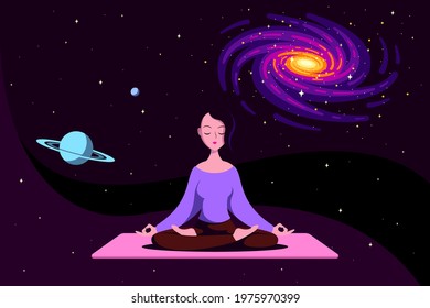 Young Caucasian Woman sitting in Lotus Pose with Outer Space Around. Practice of Yoga and Meditation. Flat Style Vector Illustration